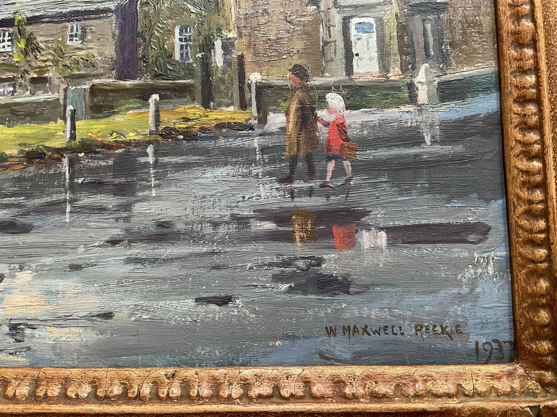 William Maxwell Reekie (British 1869–1948): 'A Wet Day - Burnsall', oil on board signed and dated 1937, indistinctly inscribed verso 29cm x 39cm 