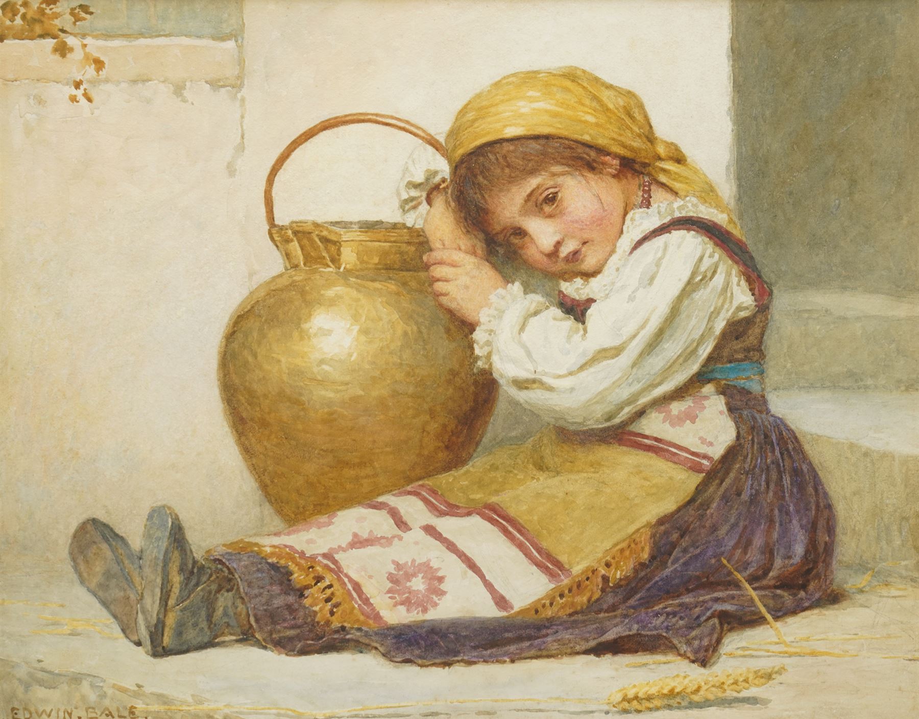 Edwin Bale RI (British 1838-1923): Young Girl with a Water Carrier, watercolour signed 31cm x 40cm 