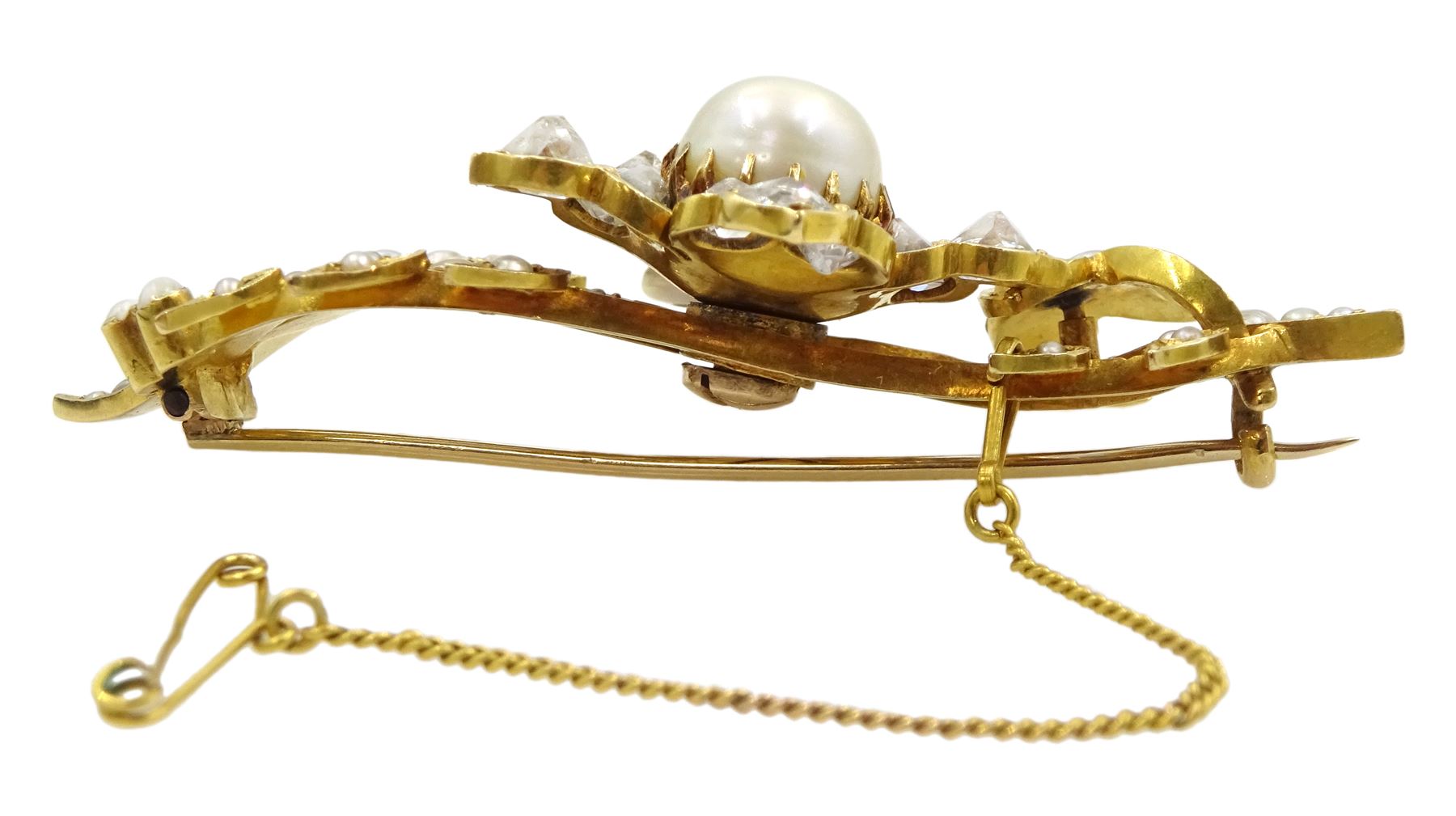 Early 20th century 18ct gold pearl and old cut diamond flower brooch, stamped 18.c, total diamond wight approx 2.60 carat