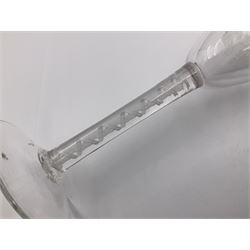 Set of three 18th century style wine glasses, each with funnel bowl etched with fruit vine, upon a double series air twist stem and circular foot, H17cm