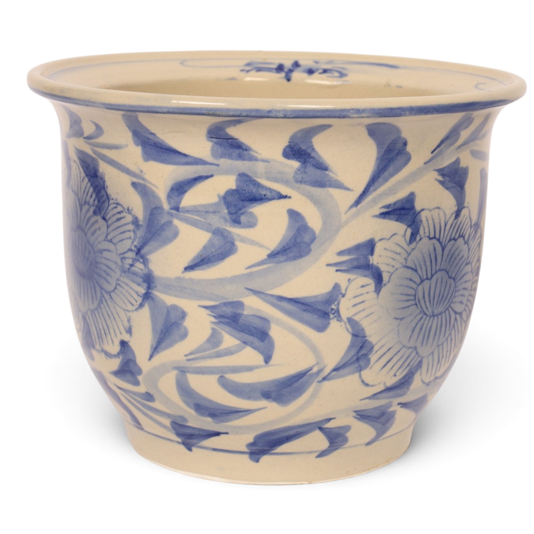 Graduating pair of jardinieres, decorated with peonies amongst foliage, largest H25cm, D32cm 