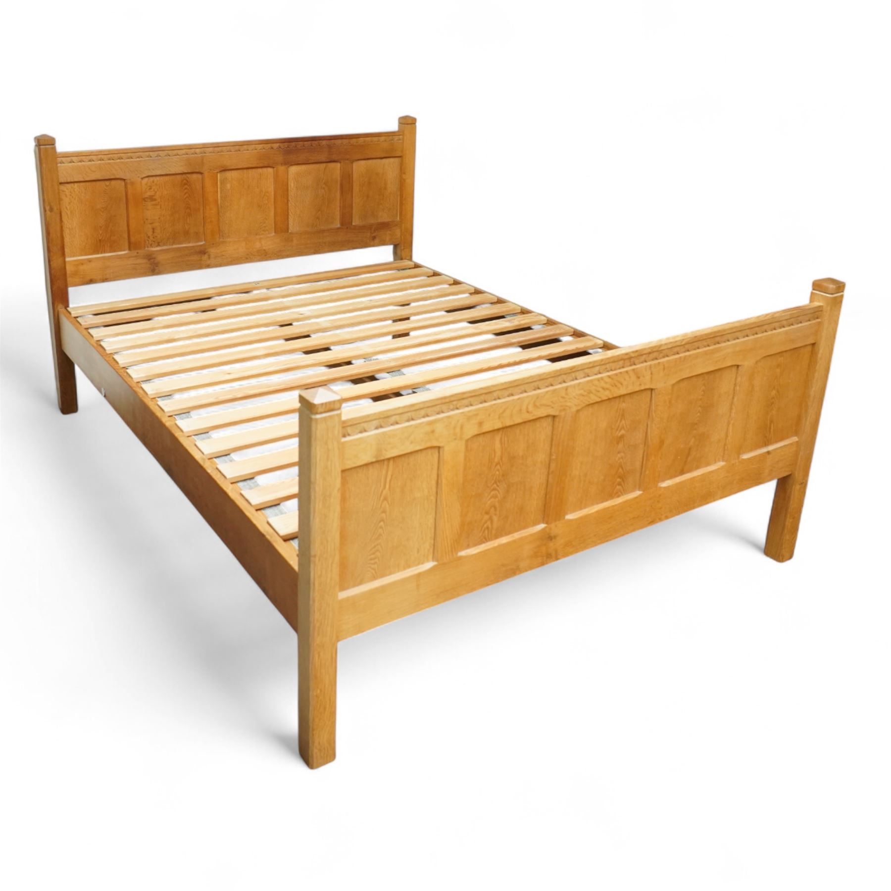 Beaverman - Yorkshire oak 5' double bedstead, panelled headboard and footboard with carved chip and adzed decoration, square corner posts and slatted base by Colin Almack of Sutton near Thirsk