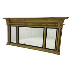 19th century gilt framed overmantel mirror with inverted breakfront cornice over three mirror panels framed by ornate columns