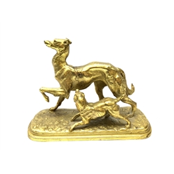  19th century gilt spelter model of a Borzoi and another dog on oval base, L20cm    
