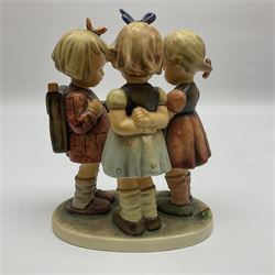 Hummel figure group by Goebel, School Girls, modelled as three children chatting in a circle, together with a similar Hummel figure group by Goebel, Follow the Leader, tallest H19.5cm