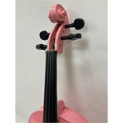 Zest full size pink violin, with a solid wood body and maple head, with matching pink bow and two further bows, in a hard case Length 60cm