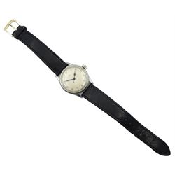 Omega 1943 gentleman's 16 jewels manual wind stainless steel wristwatch, No. 9825427, cal. 30T2SC, back case by Dennison, on black leather strap