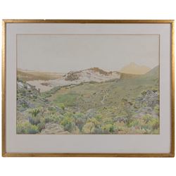 English School (20th Century): 'View Over the Golf Course Between Kalk Bay (Cape Peninsula) & the Atlantic Ocean', watercolour signed with initials MPW, titled on Frost & Reed label and with Royal Academy label verso, 42cm x 60cm  