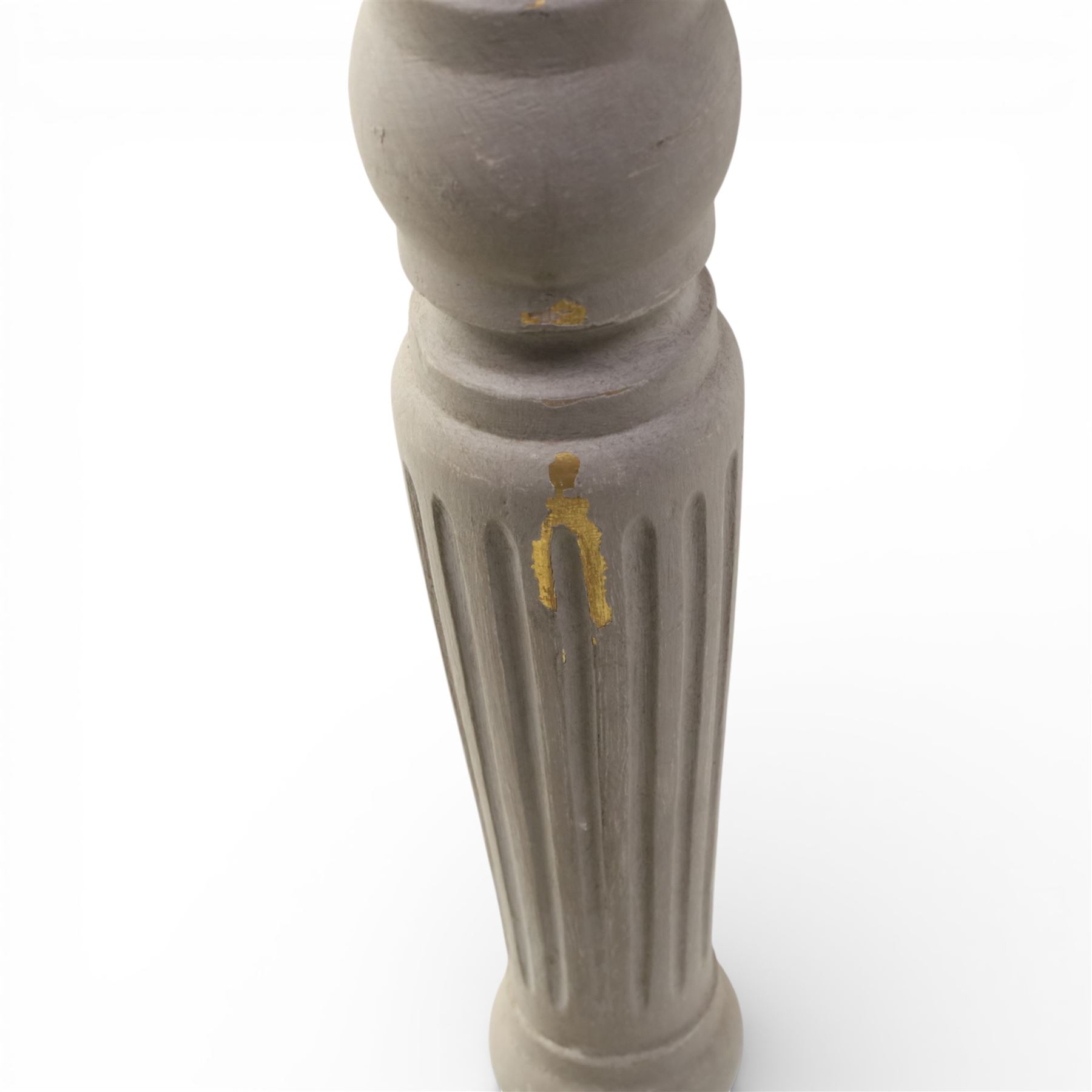 A pair of 19th century style pine console tables, with rectangular simulated marble top over a painted frieze, raised on fluted and turned tapering legs