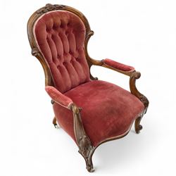 Victorian carved mahogany armchair, balloon back with foliate scroll cresting and serpenti...