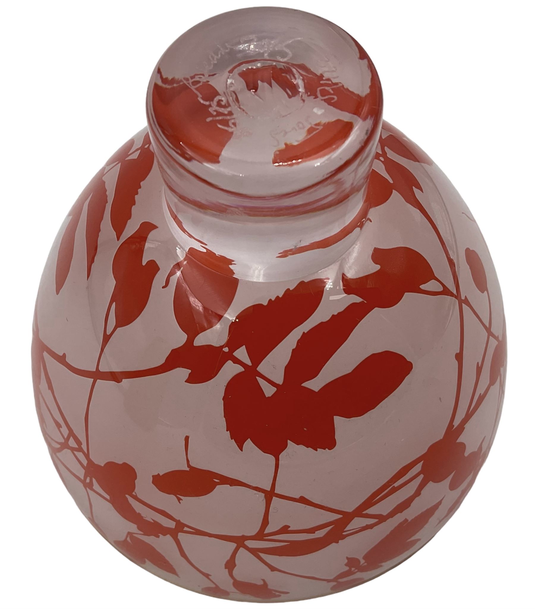 Gillies Jones of Rosedale glass bowl decorated with orange buds with orange rim, upon a short clear tapering foot, signed to base, H13cm D15cm