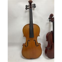 Four violins 1/8th size; half size with Nicolas Bertholini label; three-quarter size with Stradivarius copy label; and full size with Marquis De L'Air label (4)