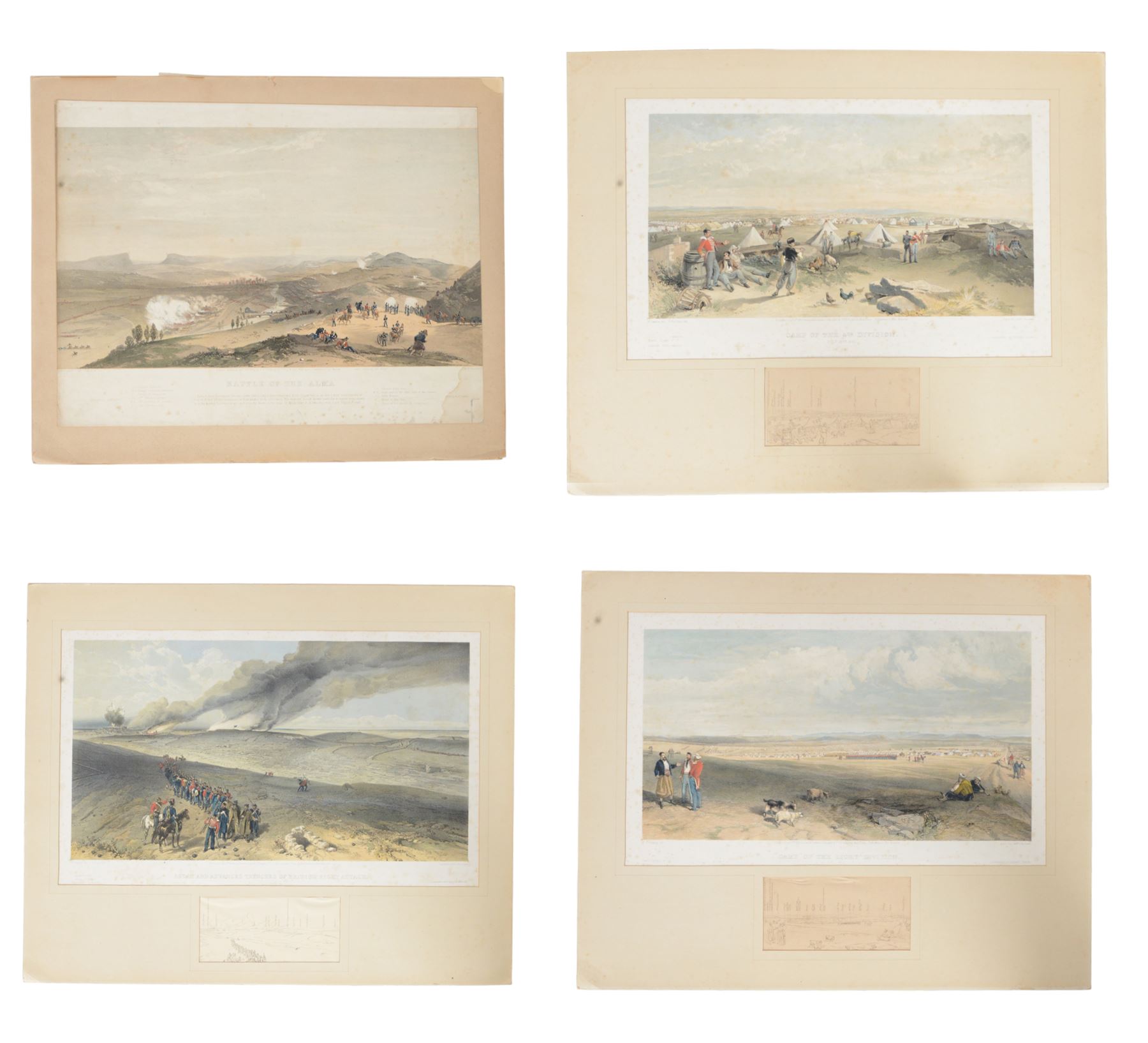 Four Victorian coloured prints of the Crimean War 1854-56, comprising Battle of the Alma, Camp of the Light Division, Redan and Advanced Trenches of the British Right attack
 and Camp of the 4th Division, H50cm 