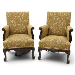 Pair of Chippendale design carved mahogany framed armchairs of stylised lyre form, high sq...