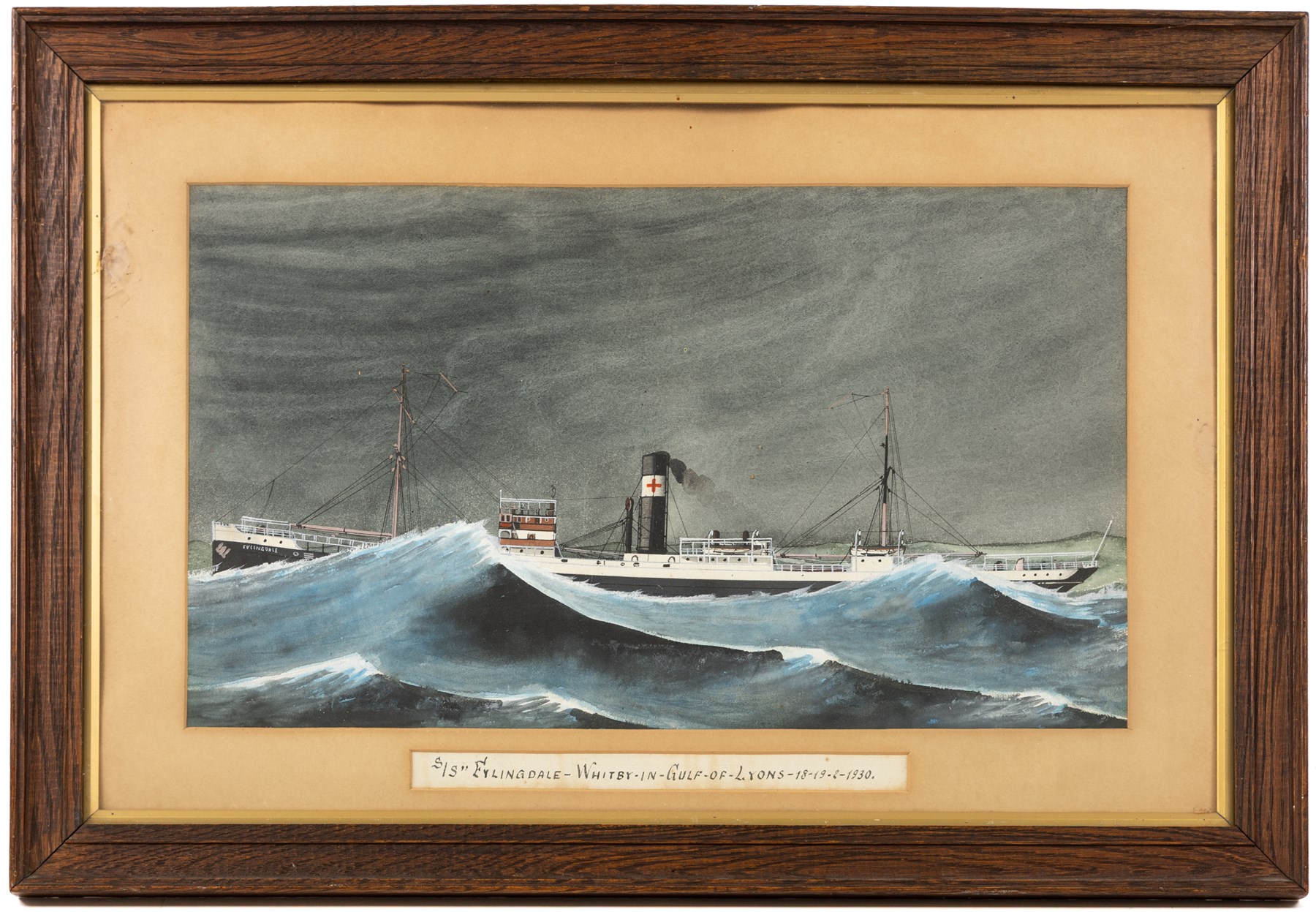 English School (20th century): 'SS Fylingdale Whitby in Gulf of Lyons - 1930', watercolour unsigned, titled on the mount 26cm x 45cm