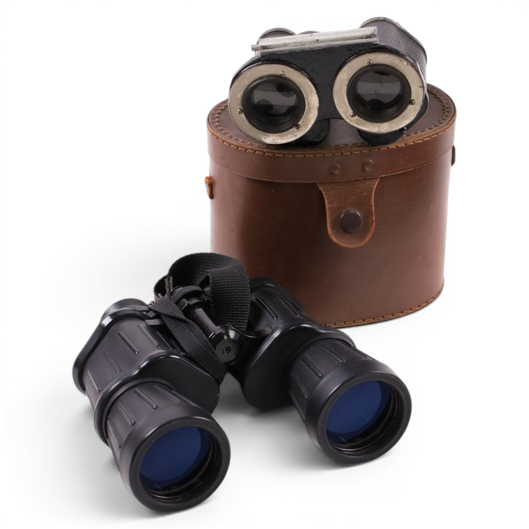 Three pairs of binoculars comprising Helios Stellar 15x70, Miranda 7x50 and Kershaw, together with a Lomo Astele 70 telescope on Velbron AF-2 tripod