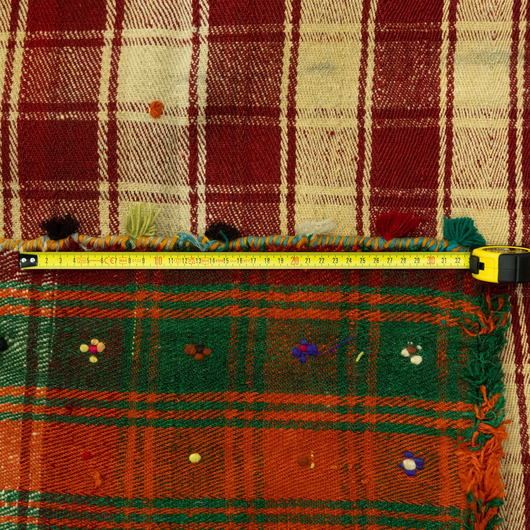 Southwest Persian Jajim kilim, flatwoven wool in a checked pattern of cream and red stripes, bordered with embroidered discs and colourful dot motifs