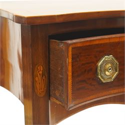 Ealy 19th century Sheraton design inlaid mahogany serpentine-fronted side table, shaped rectangular top with boxwood-inlaid edge, fitted with singe cock-beaded frieze drawer with satinwood cross-banding and herringbone stringing, fitted with original pressed brass octagonal handle plates, flanked by oval feather motif inlays, raised on square tapering supports