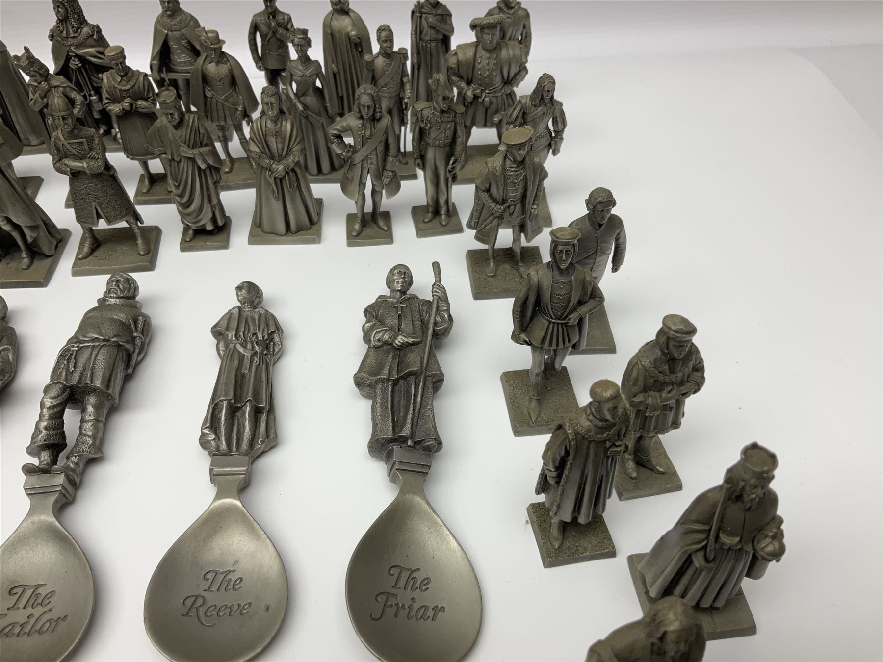 Set of forty three miniature Franklin Mint pewter figures of the Kings and Queens of England, with certificate of authenticity and information cards, together with a collection of twenty four Franklin Mint pewter Charles Dickens character spoons