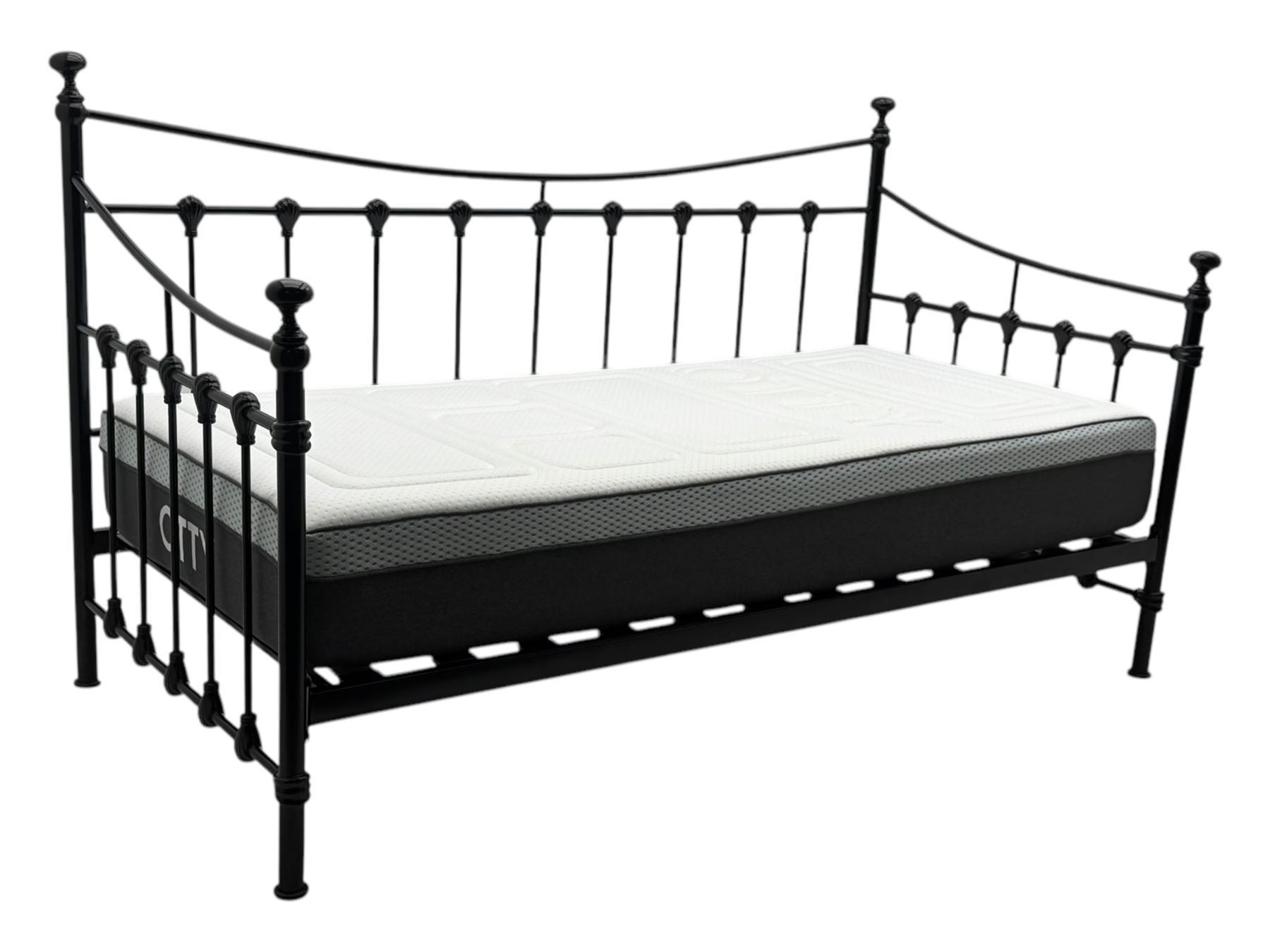 Contemporary Victorian revival black metal day bed, featuring arched back and sides with turned finials and spindle rails, complete with single 'OTTO' mattress
