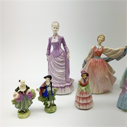 A group of seven Royal Doulton figurines, comprising Celeste HN2237, Gay Morning HN2135, Paisley Shawl HN1988, Rose HN1368, The Paisley Shawl M3, A Victorian Lady M1, and two others unnamed but marked M18, and M17, plus a Coalport figurine, Sarah. 