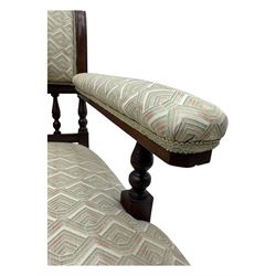 Late Victorian mahogany framed armchair, scroll back with spindle gallery, upholstered seat back and arms