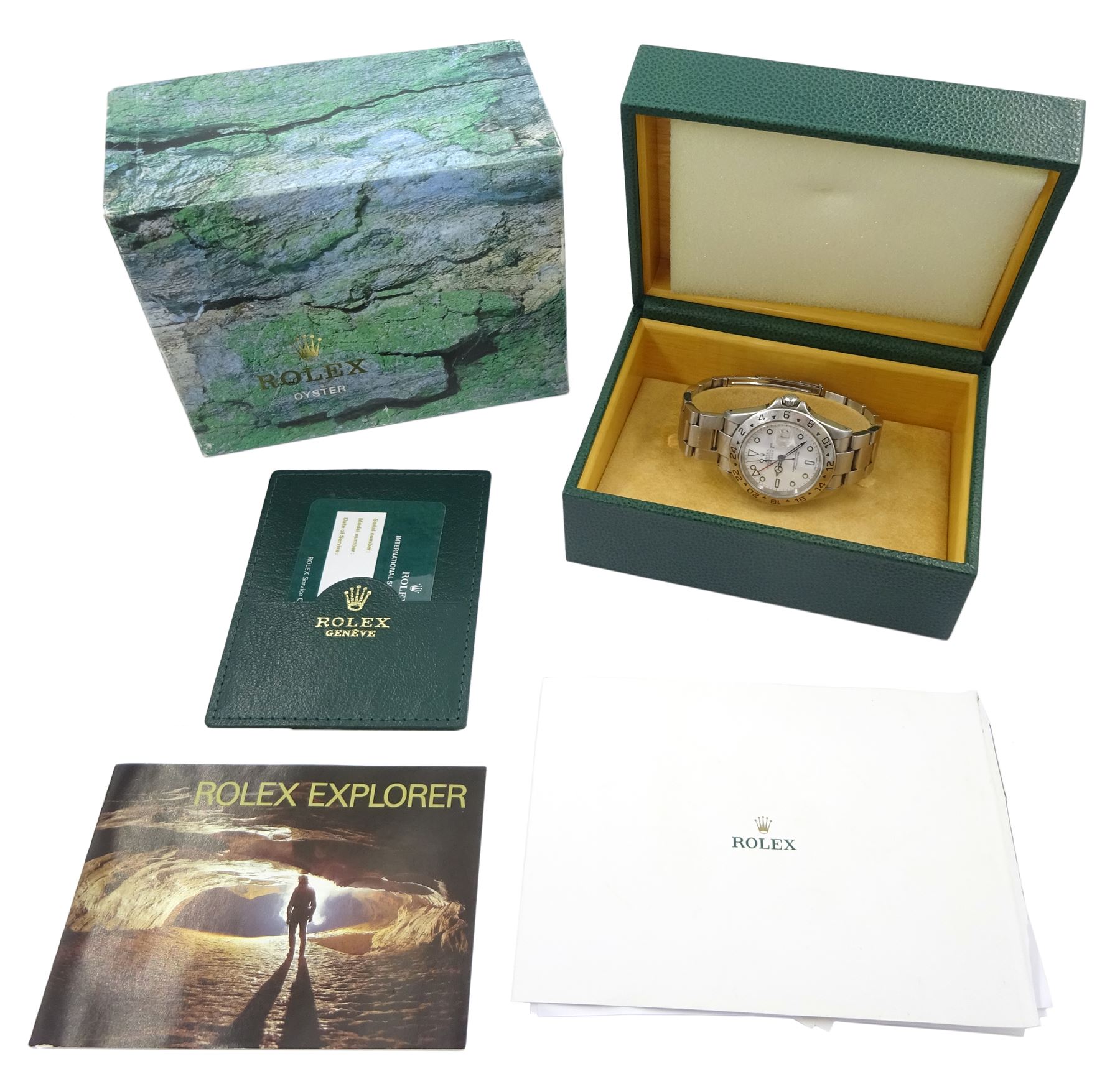 Rolex Oyster Perpetual Date Explorer II gentleman's stainless steel wristwatch, circa 2001, Ref. 16570, serial No. K623156, 'Polar' white dial and fixed 24 hour bezel, boxed with service dated 16 April 2015