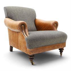 Tetrad - 'Taransay' Harris Tweed and tan leather club armchair, Howard shape with reclined...