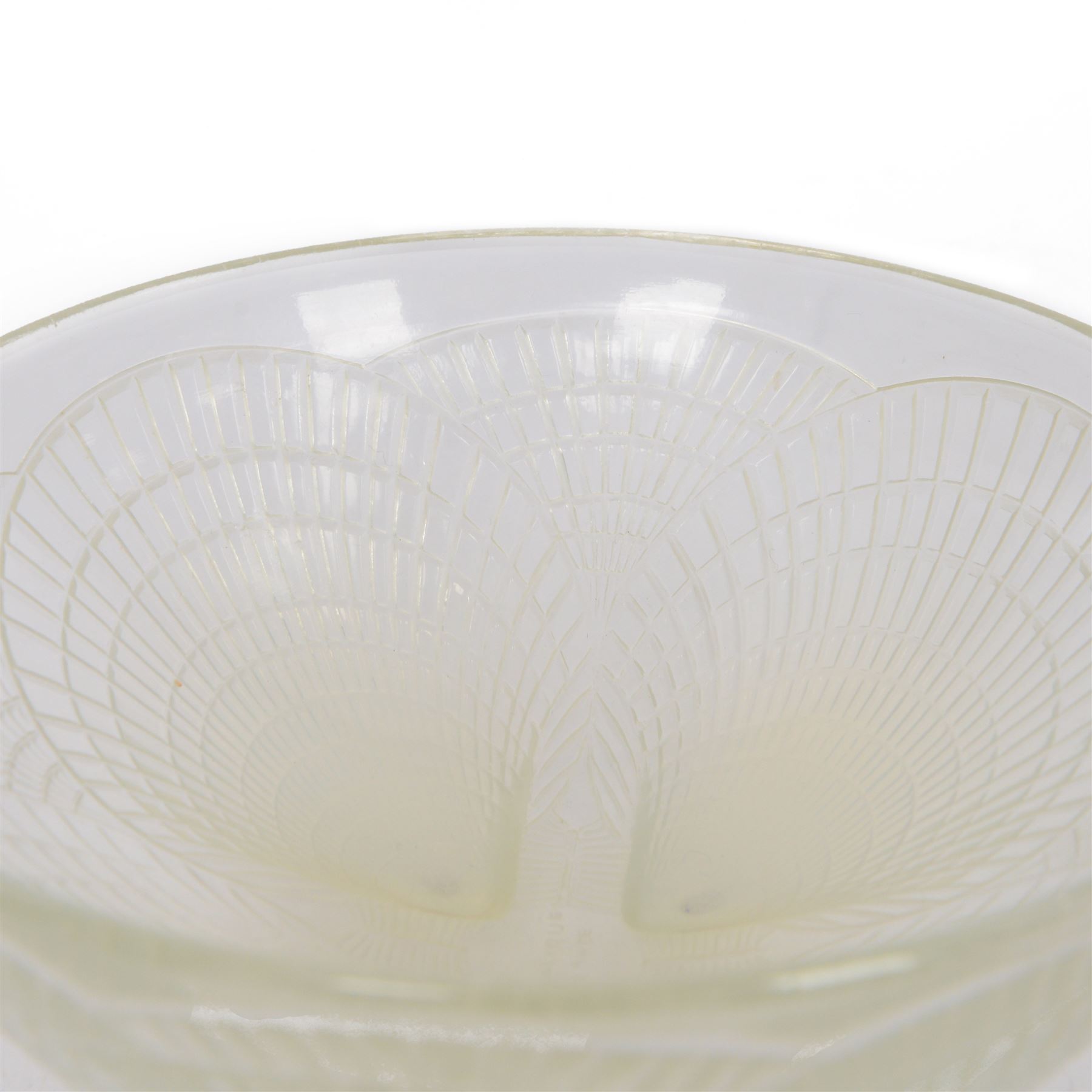 Lalique Coquilles opalescent glass bowl in the form of three shells, signed 'R Lalique beneath, D18cm