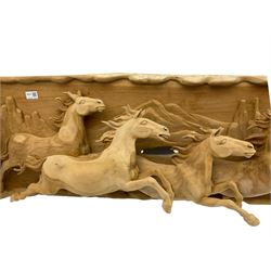 High relief carved cherry wood wall art - eight galloping horses with mountainous background
