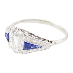Platinum diamond and sapphire ring, the principal old cushion cut diamond of approx 1.50 carat, each side set with three graduating calibre cut sapphires and old cut diamond surround