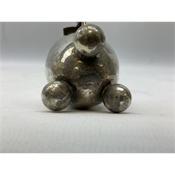 Early 20th century silver salt, the body of ovoid form raised on three bun feet and bun finial, with handle, stamped Birmingham 1903 together with silver backed hair brush hallmarked Birmingham