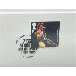 Set of three Royal Mail David Bowie limited edition album stamp prints, comprising  Ziggy Stardust Tour, Hunky Dory and Earthling, all framed and in original packaging, H43cm W43cm