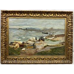 Scottish School (19th/20th century): The Emigrants, likely a view of the Highland Clearances, oil on canvas, possible remains of a signature l.r. 40cm x 60cm