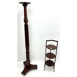 Mid to late century mahogany jardiniere stand, turned and fluted column on trifoil base (H167cm) and folding cake stand 