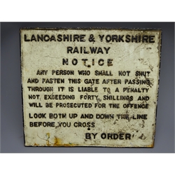  Cast iron Lancashire and Yorkshire Railway Notice sign for failure to close gate at crossing, black letters on white background, 52 x 59cm  
