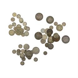 Approximately 50 grams of pre 1920 and approximately 47 grams of pre 1947 Great British silver coins, King George V India 1911 one rupee, South Africa 1897 two and a half shillings (holed) and other coinage