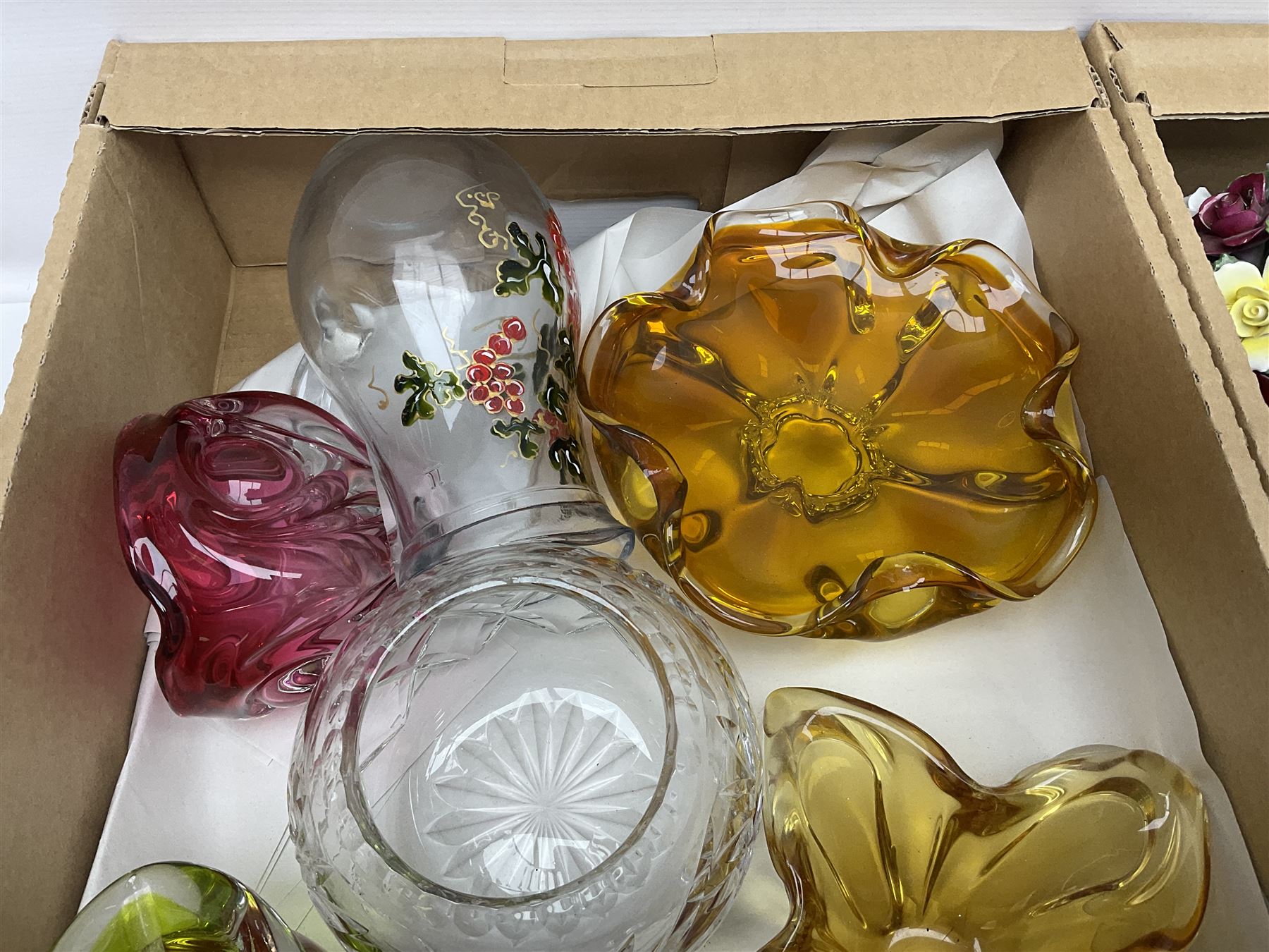 Royal Doulton Greenbrier pattern tea wares, together with a collection of porcelain flowers, Murano style coloured glass bowls, other ceramics and glassware, in four boxes 