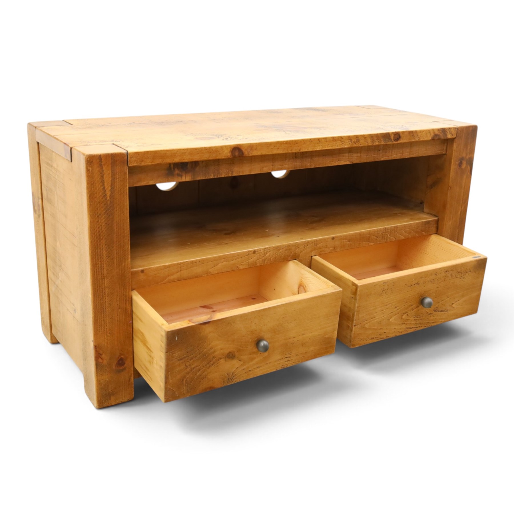 Indigo Furniture - rustic oak media cabinet, rectangular top over open shelf, two drawers fitted to base