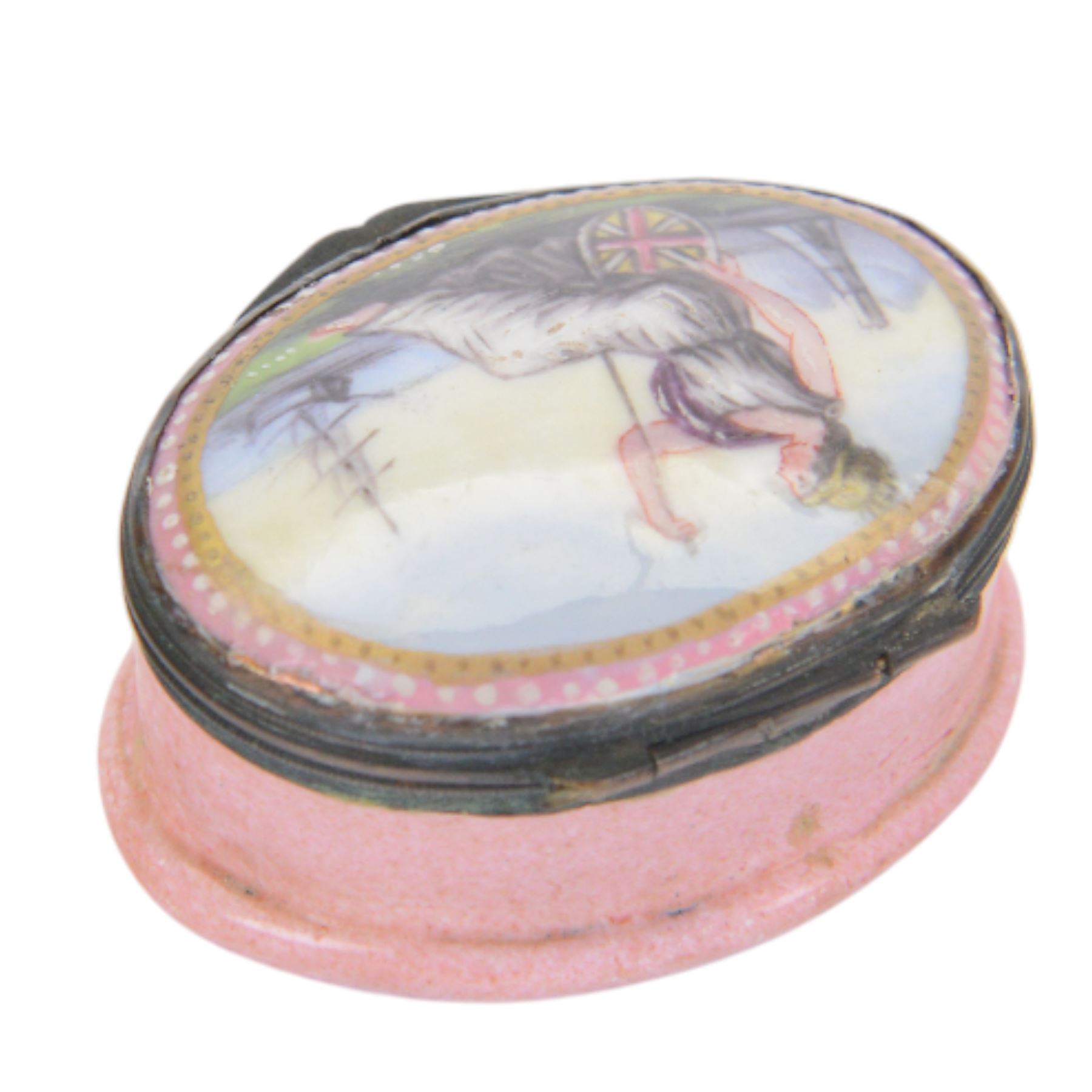 19th century Bilston enamel snuff box, of oval form, the hinged cover decorated with Britannia, H5cm  