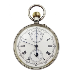  Early 20th century silver Swiss chronograph with stop watch case by Stauffer, Son & Co, London import mark 1914  