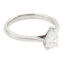 Platinum single stone pear cut diamond ring, hallmarked, diamond 0.90 carat, colour G, clarity SI1, with GIA laser registry