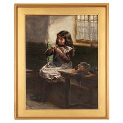 Ralph Hedley (Staithes Group 1848-1913): Girl Knitting, oil on canvas signed and dated '73, 43cm x 32cm
Provenance: Exh. Laing Art Gallery & Museum, Exhibition of Works by Ralph Hedley R.B.A 1938, cat. no. 1 Newcastle upon Tyne