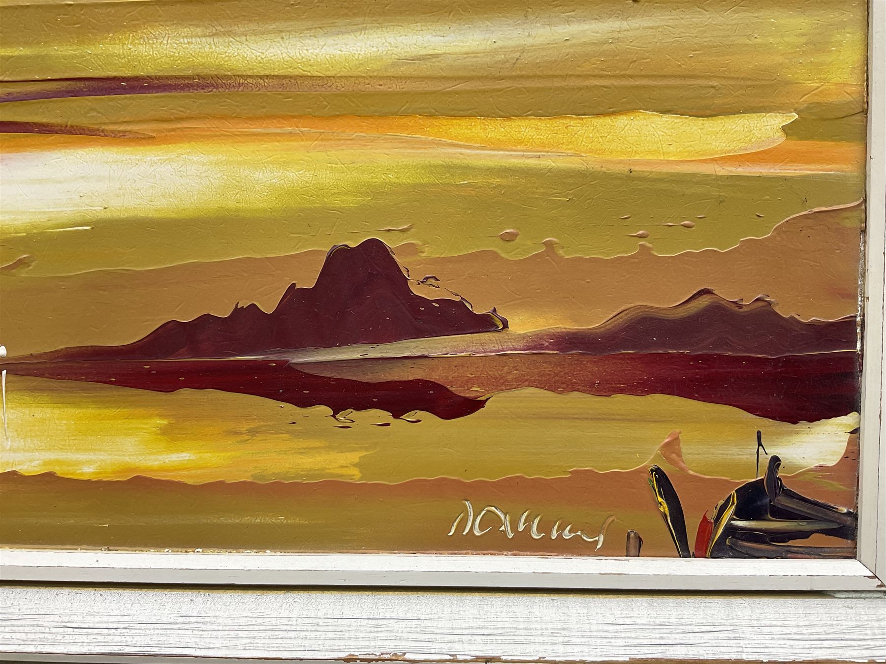 George Richard Deakins (British 1911-1982): Boats at Sunset, oil on board signed 14cm x 45cm 