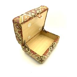 Contemporary Ottoman footstool, upholstered in Aztec style pattern, square supports 