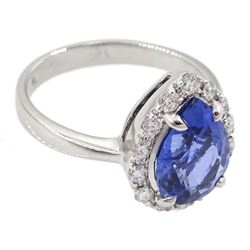 18ct white gold pear cut sapphire and round brilliant cut diamond cluster ring, stamped 750, sapphire approx 2.85 carat, total diamond weight approx 0.30 carat