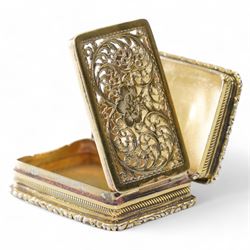 George IV silver gilt vinaigrette with pierced and engraved hinged grille, exterior vacant cartouche and engraved decoration Birmingham 1828 Maker Thomas Parker