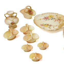 Large collection of miniature Royal Worcester hand-painted blush ivory wares, including various miniature baskets, large dish, miniature jug and others, with printed mark to bases