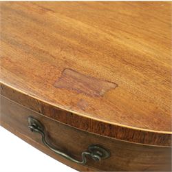 Early 20th century mahogany bow front sideboard, the shaped and moulded top above central kneehole recess with baize lined frieze drawer, flanked by twos drawers either side with the lower drawer double height, raised upon square tapering legs with spade feet
