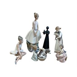 Three Lladro figures, Bashful Bather 5455, Pepita no 5372 and girl with lamb no 1010, together with two Neo figures and a Royal Doulton figure 